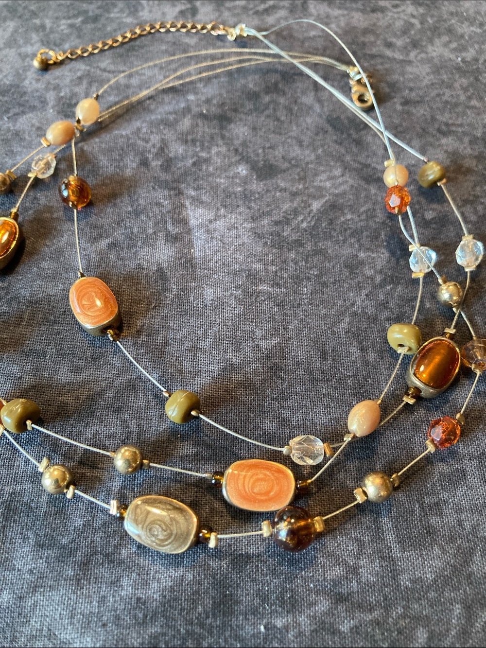 Multi-Strand Beige & Amber Colored Women’s Beaded Wire Necklace